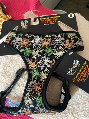 Glow-in-the-Dark Reversible Dog Harness - Black with Orange & Green Spiderwebs